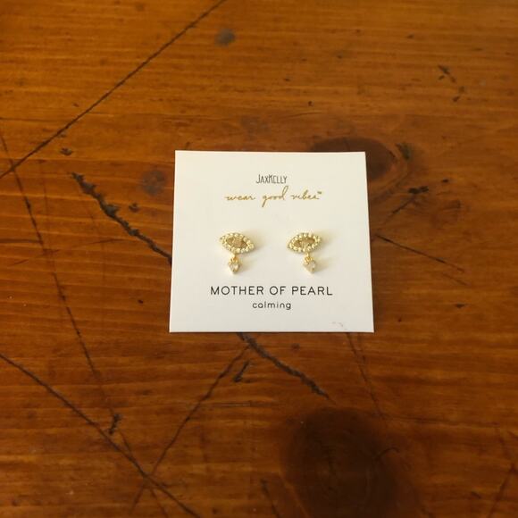 JAXKELLY NIP Mother of Pearl CZ-encrusted Evil Eye Petite  Drop Stud Earrings - Picture 4 of 11